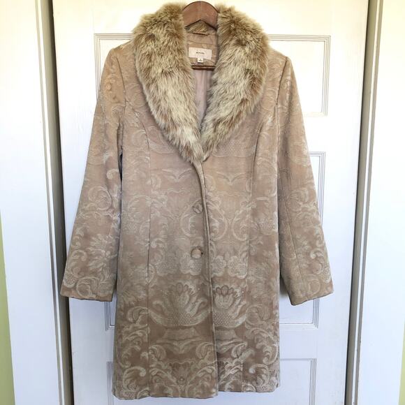 Merona Damask Tapestry Coat Small Cream Removable Faux Fur Collar Y2K Penny Lane - Picture 1 of 14